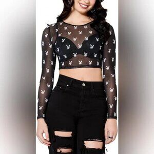 PLAYBOY size S/M Black Sheer Crop Top with White Bunny Print